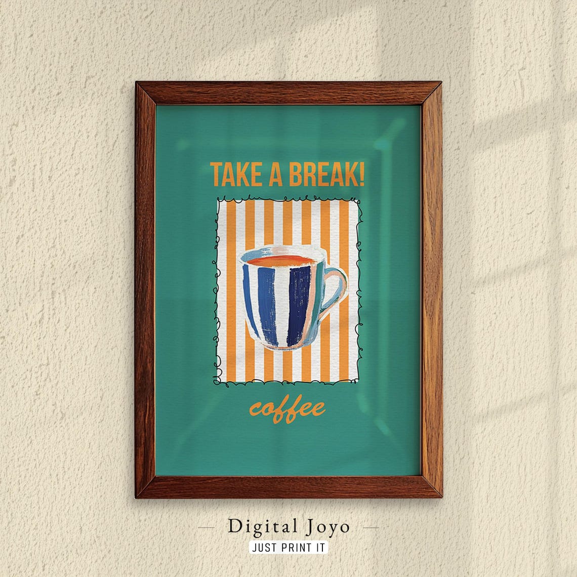 Take A Break Coffee Mug Striped Teal Retro Kitchen Art Print