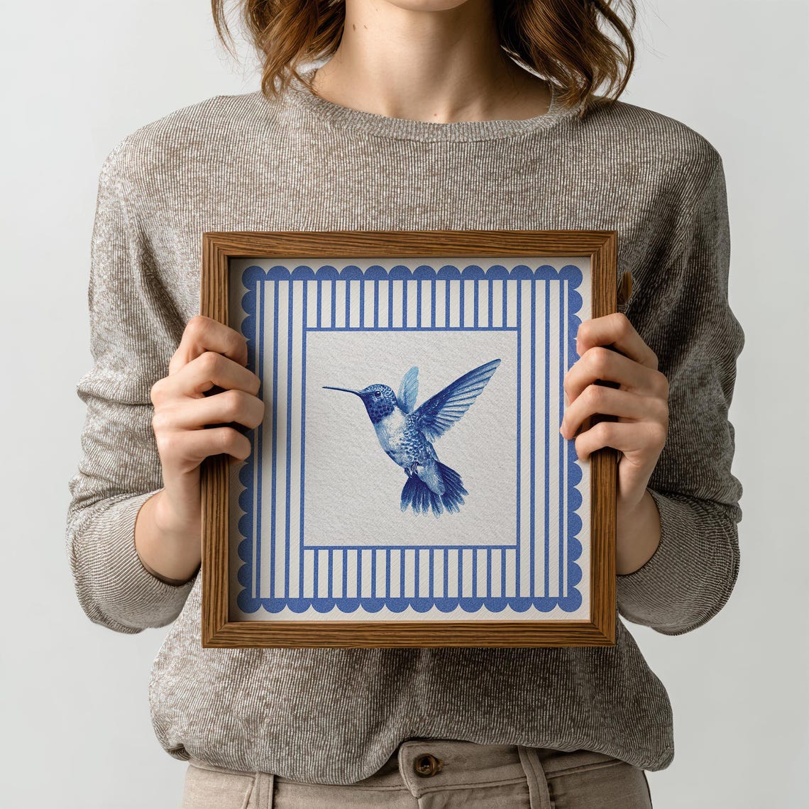 Hummingbird Navy Stripe Scalloped Frame Blue White Art Poster
