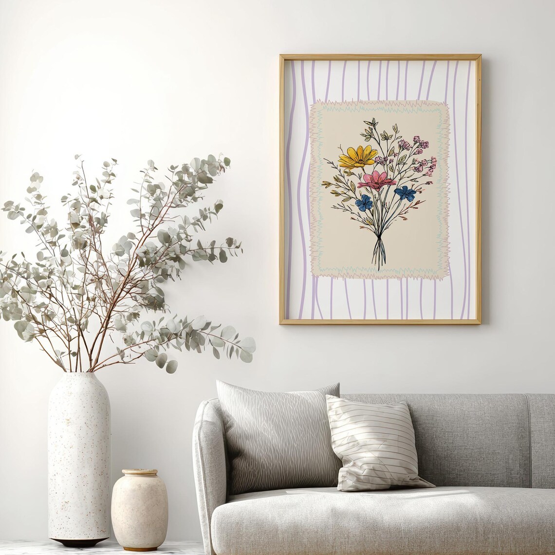 Colorful Floral Doodle Bouquet Red Yellow Blossoms Art Poster