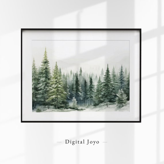 Winter Forest Watercolor Print Snowy Pine Trees Landscape