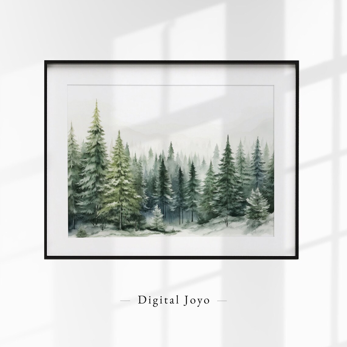 Misty Winter Pine Forest Foggy Morning Watercolor Landscape Print