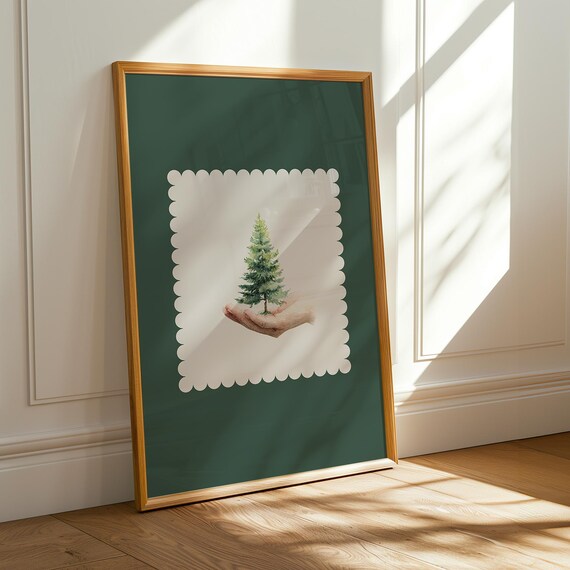 Forest Green Christmas Tree Hand Holding Cozy Holiday Watercolor Poster