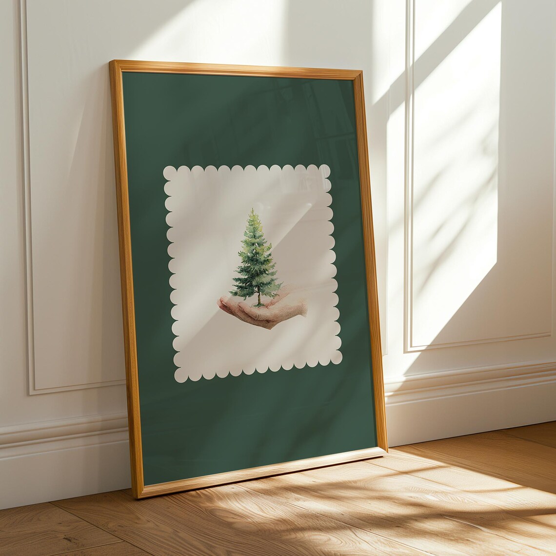 Forest Green Christmas Tree Hand Holding Cozy Holiday Watercolor Poster