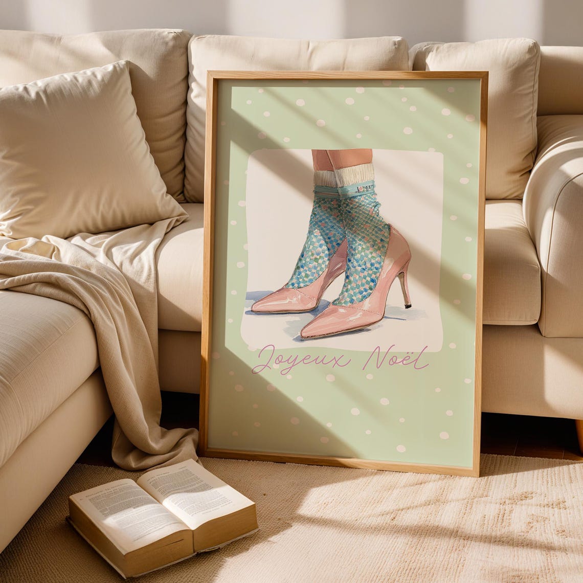 Soft Sage Heels Joyeux Noel Polka Dot Socks Christmas Art Poster