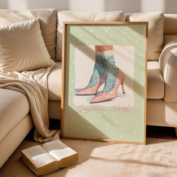 Soft Sage Heels Joyeux Noel Polka Dot Socks Christmas Art Poster