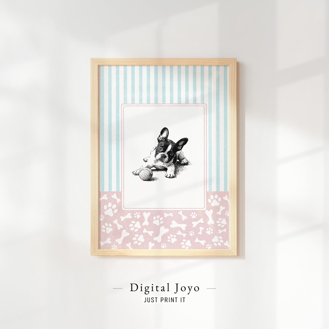 French Bulldog Puppy Playful Sketch Teal Stripes Nursery Portrait Print