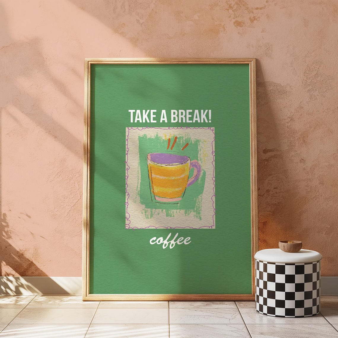 Take a Break Coffee Cup Deep Green Retro Vintage Kitchen Poster