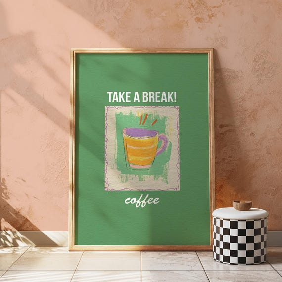 Take A Break Coffee Art Print Purpleorange Mug On Green Field Forest Lover Gift Office