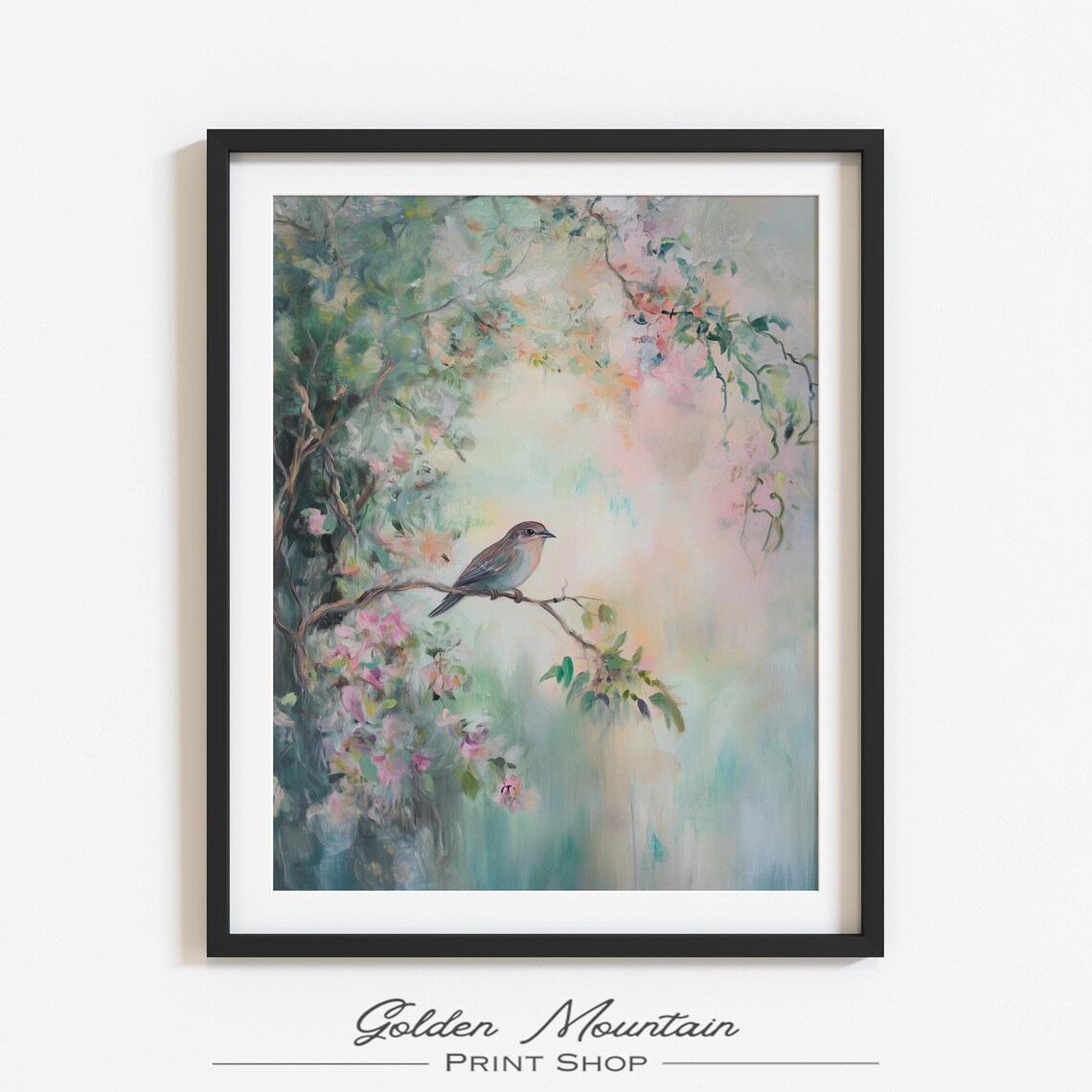 Pastel Spring Songbird Perched On Blossoming Branch Pink Blossom Poster