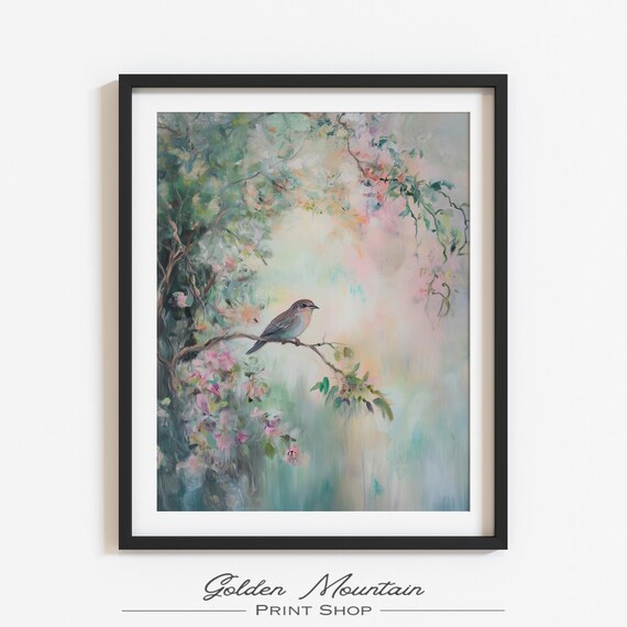 Pastel Spring Songbird Perched On Blossoming Branch Pink Blossom Poster