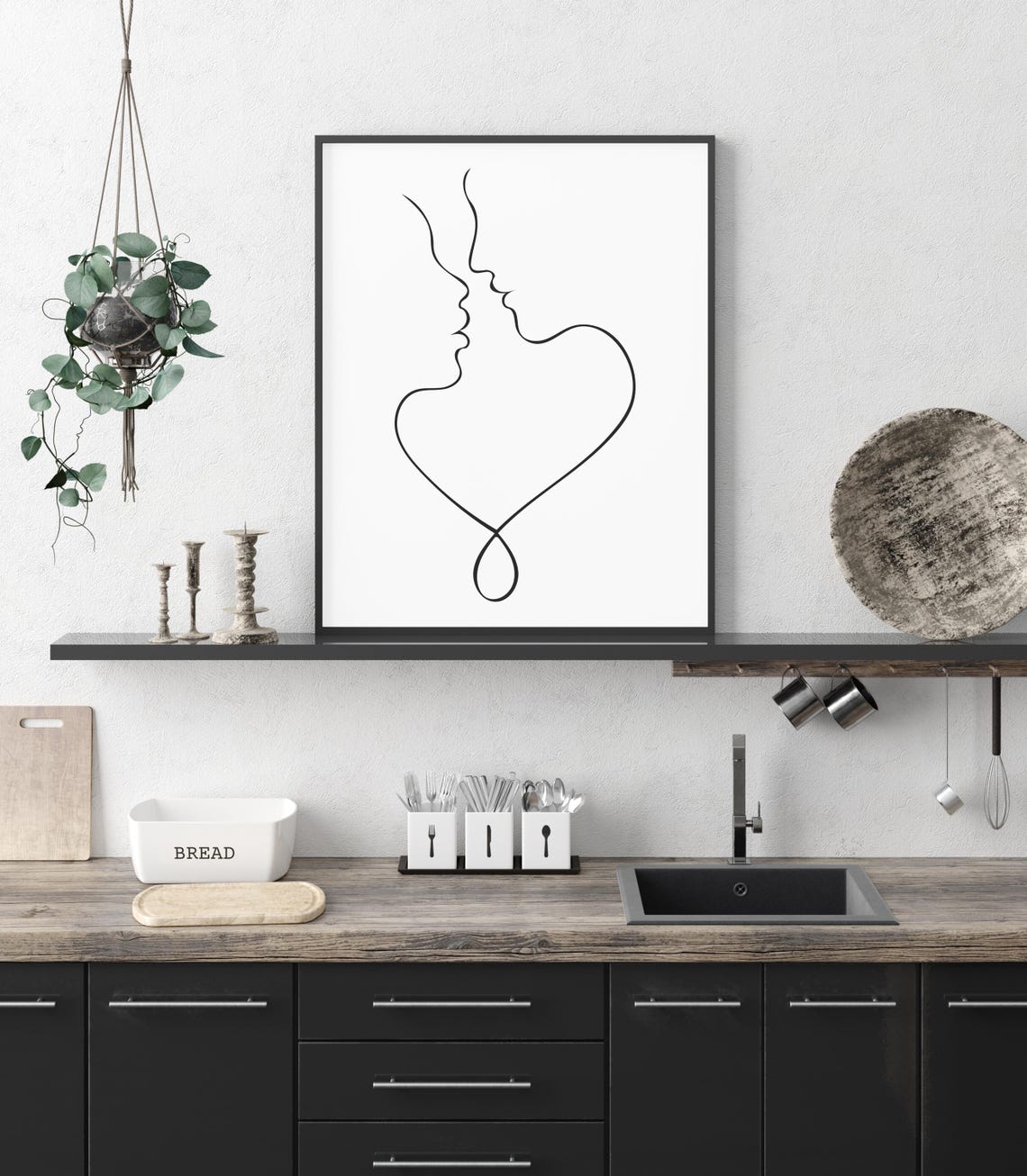Couple Foreheads Touching Heart Line Art Romantic Love Poster - Image 3