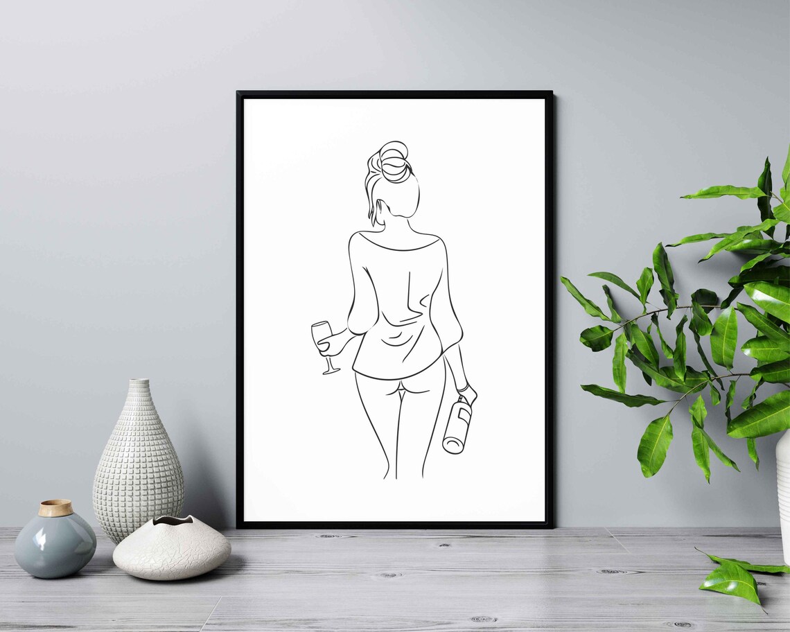 Woman Holding Wine Glass And Bottle Line Drawing Feminine Bar Decor Poster - Image 2