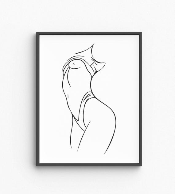 Female Body Line Art Print, Nude Minimalist Bedroom
