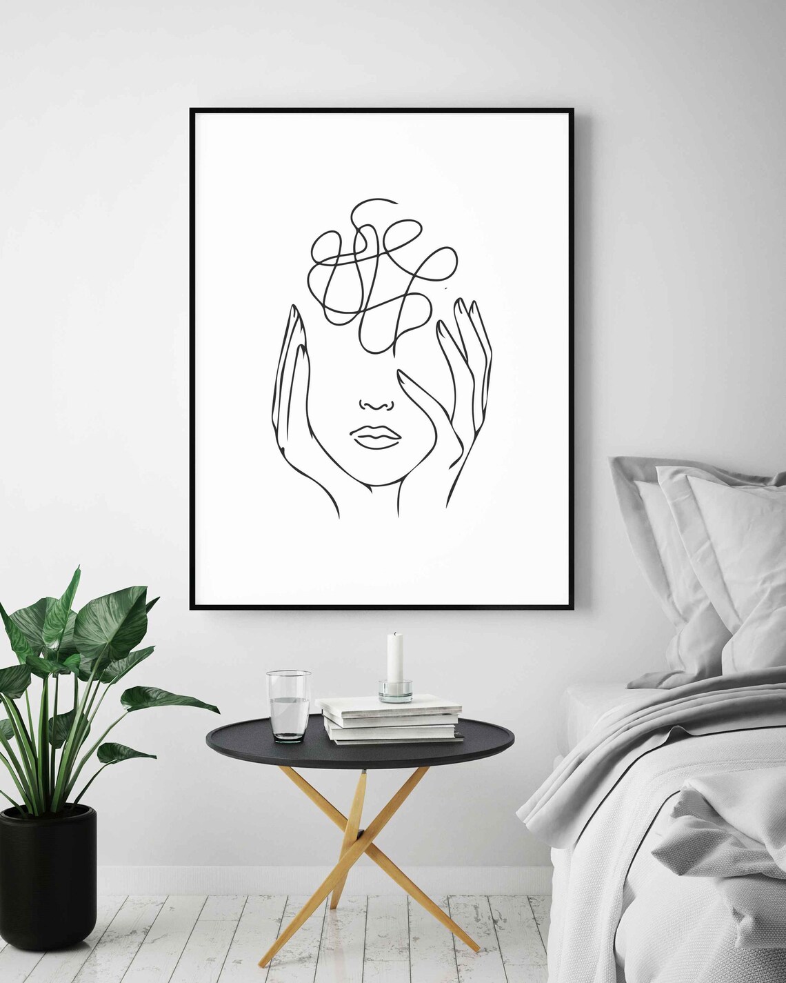 Woman Face Hands Line Art Abstract Emotional Portrait Drawing Poster - Image 5
