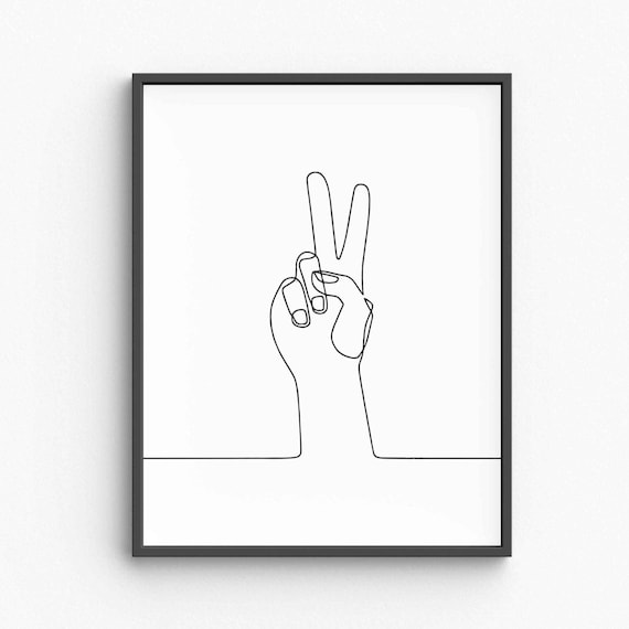 Minimalist Victory Hand Sign Line Art Peace Gesture Drawing Positive Vibe Wall Sketch Modern Symbol Decor