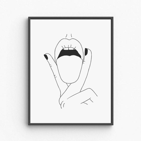 Minimalist Seductive Woman Art Playful Tongue Line Drawing Flirty Female Expression Sensual Wall