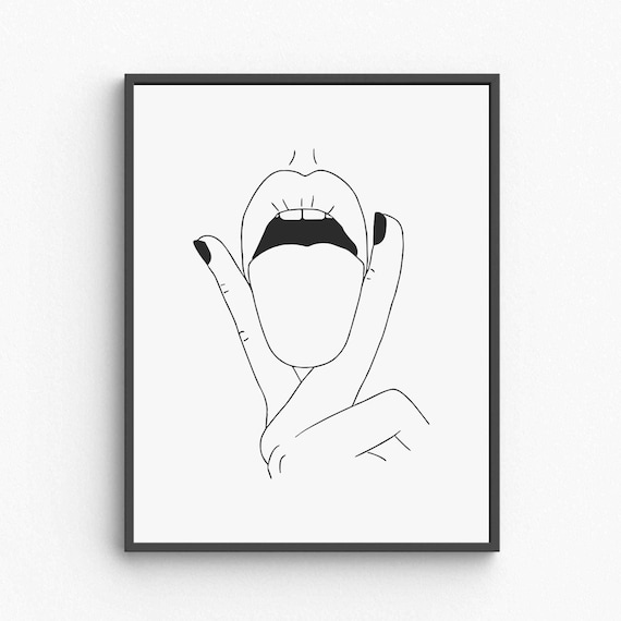 Open Mouth Tongue Line Art Bold Woman Portrait Edgy Wall Decor Poster