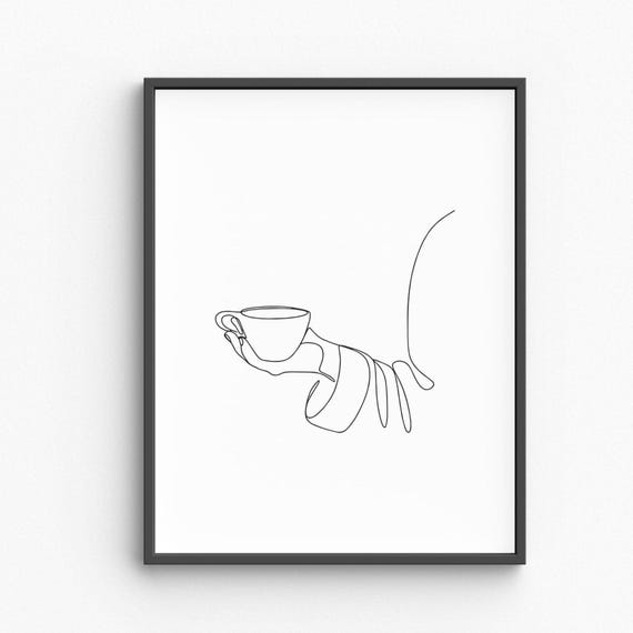 Coffee Woman Line Art Holding Print Minimalist Girl With Cup Illustration Cozy Wall Poster