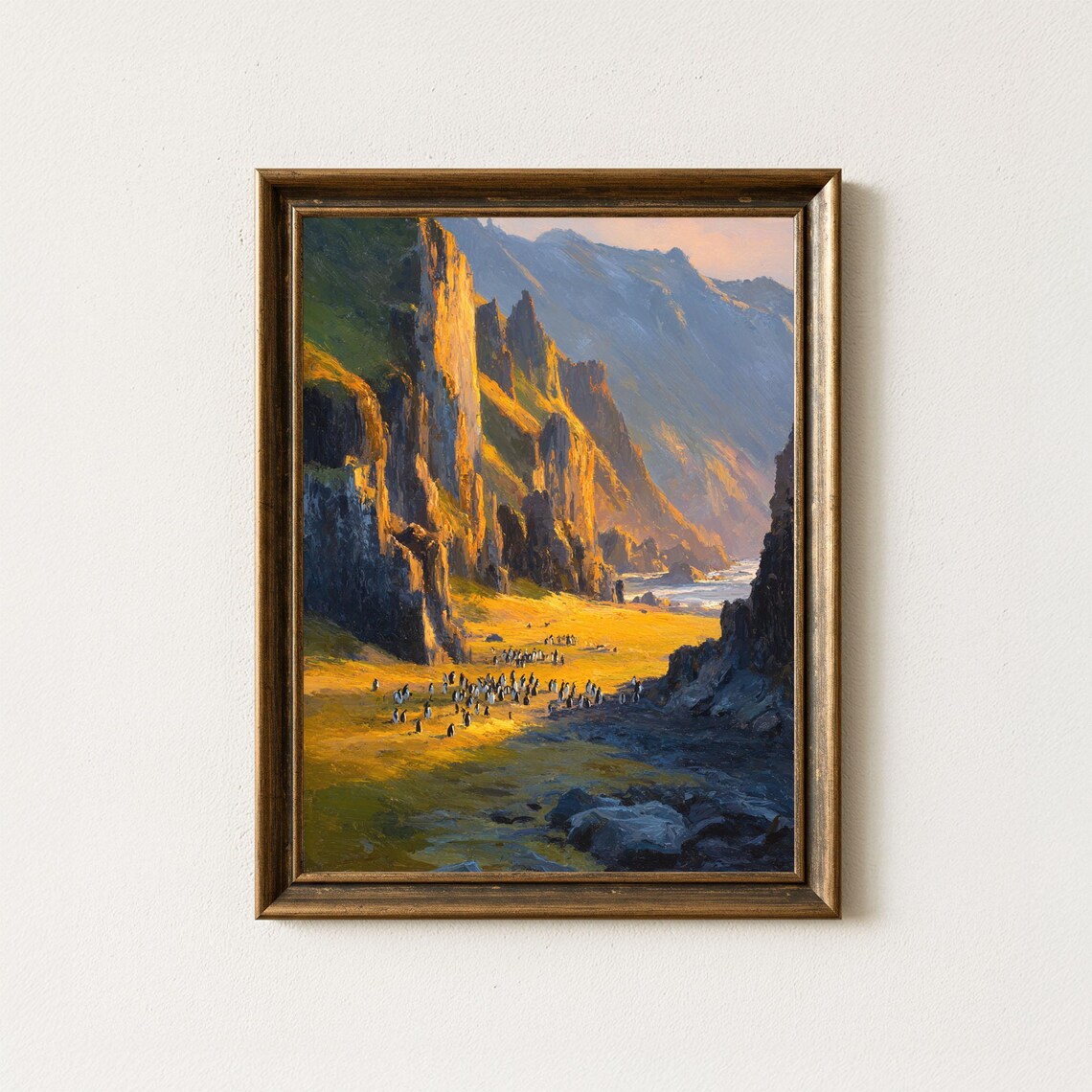 Macquarie Island Penguin Colony Coastal Cliffs Golden Light Oil Painting Poster