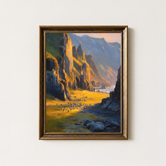 Macquarie Island Penguin Colony Coastal Cliffs Golden Light Oil Painting Poster
