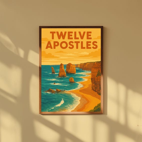 Twelve Apostles Vintage Travel Poster Great Ocean Road Wall Art Retro Coastal Landscape Print Australia Beach Illustration Decor