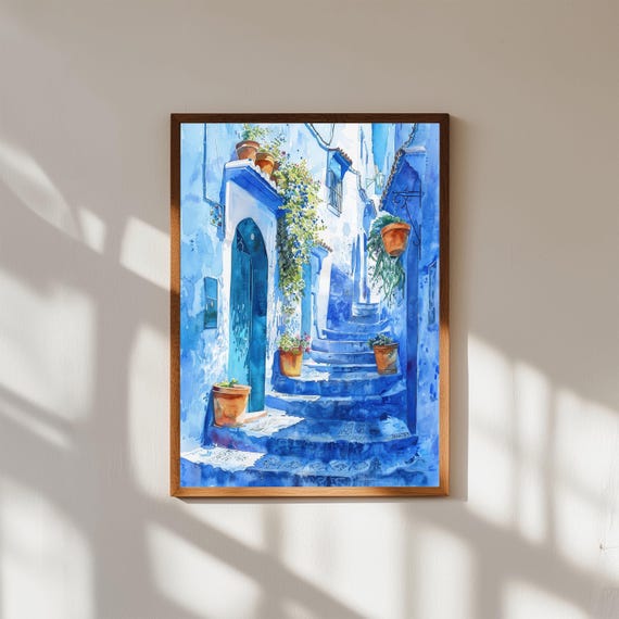 Chefchaouen Morocco Print Blue City Watercolor Art Boho Travel Decor