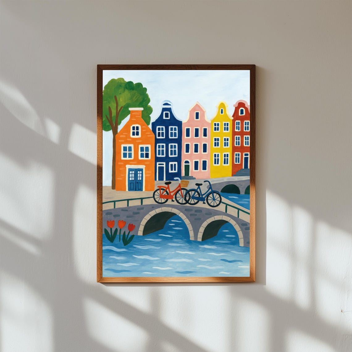 Amsterdam Canal Houses Bicycles Bridge Naive Folk Illustration Poster