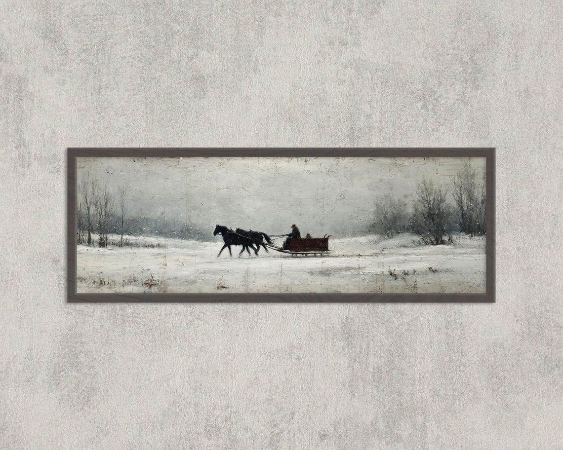 Vintage Horse Drawn Sleigh Winter Snow Scene Panoramic Art Poster