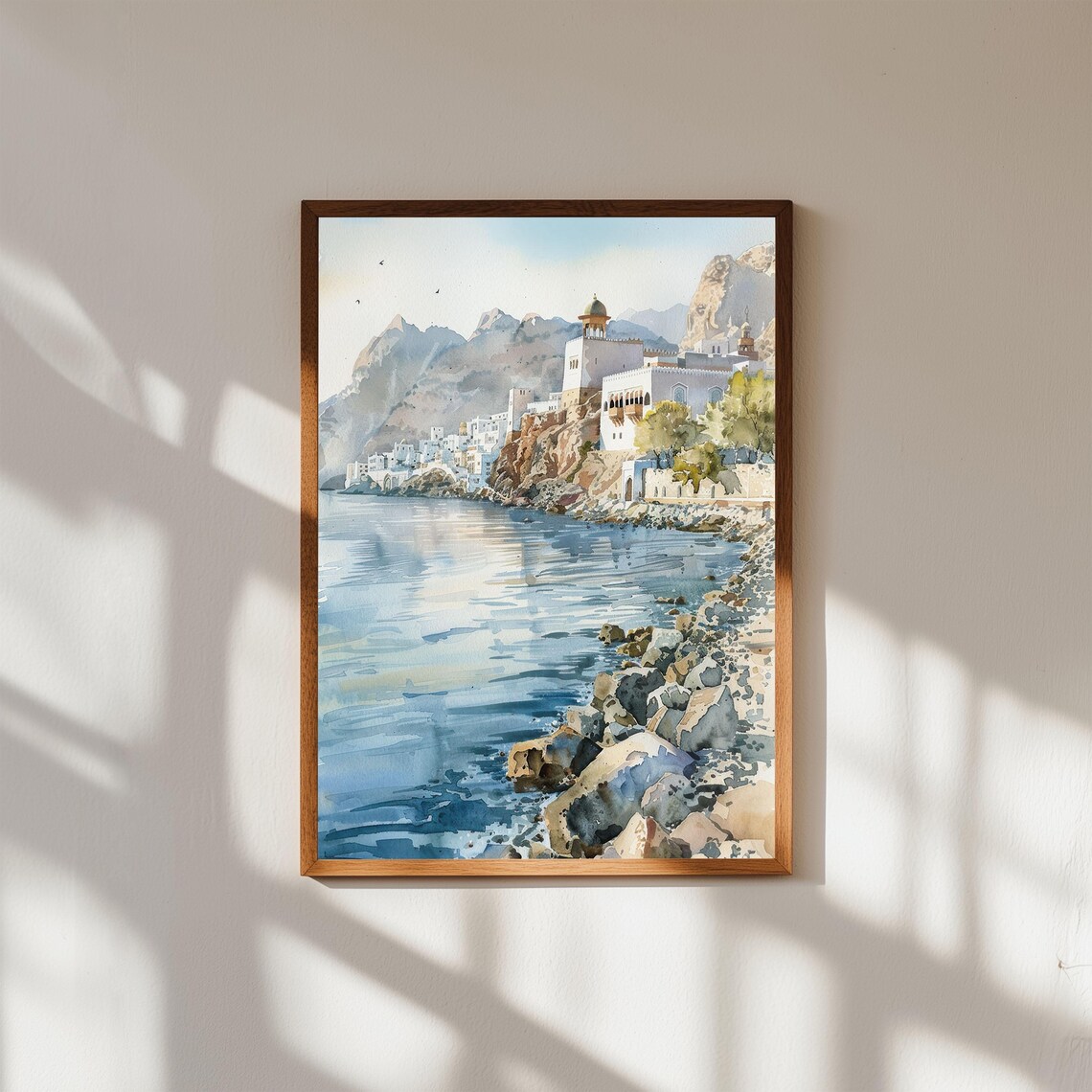 Muscat Oman Rocky Coast Arabian Sea White Town Watercolor Wall Art