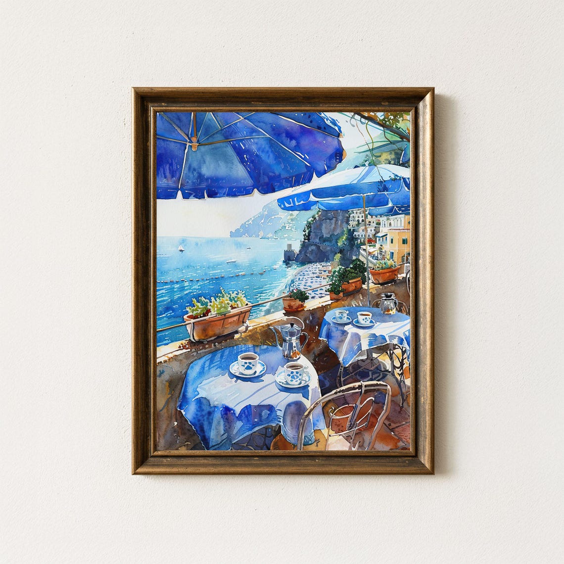 Positano Cafe Terrace Amalfi Coast Watercolor Painting Print