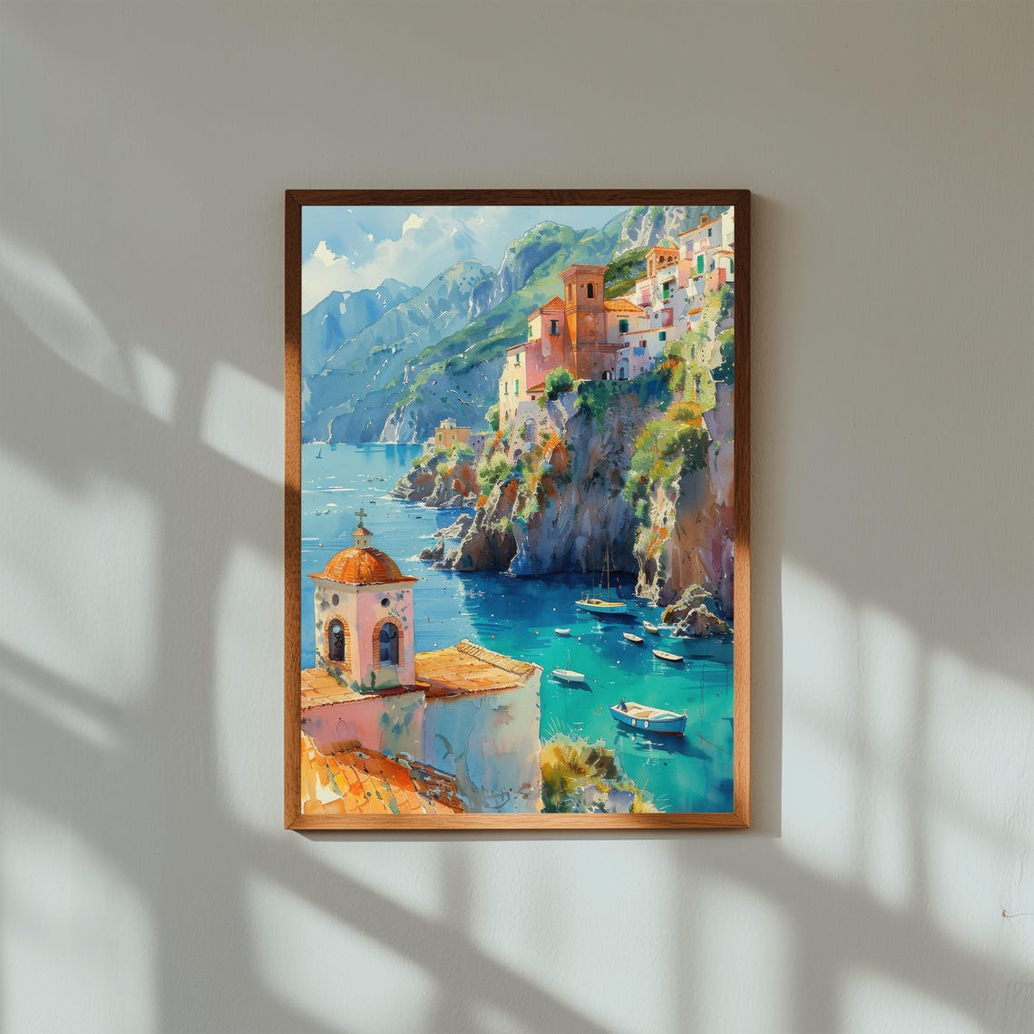 Watercolor Painting Of Amalfi Coast Italy Colorful Cliffside Village Wall Art Print Mediterranean Travel Poster