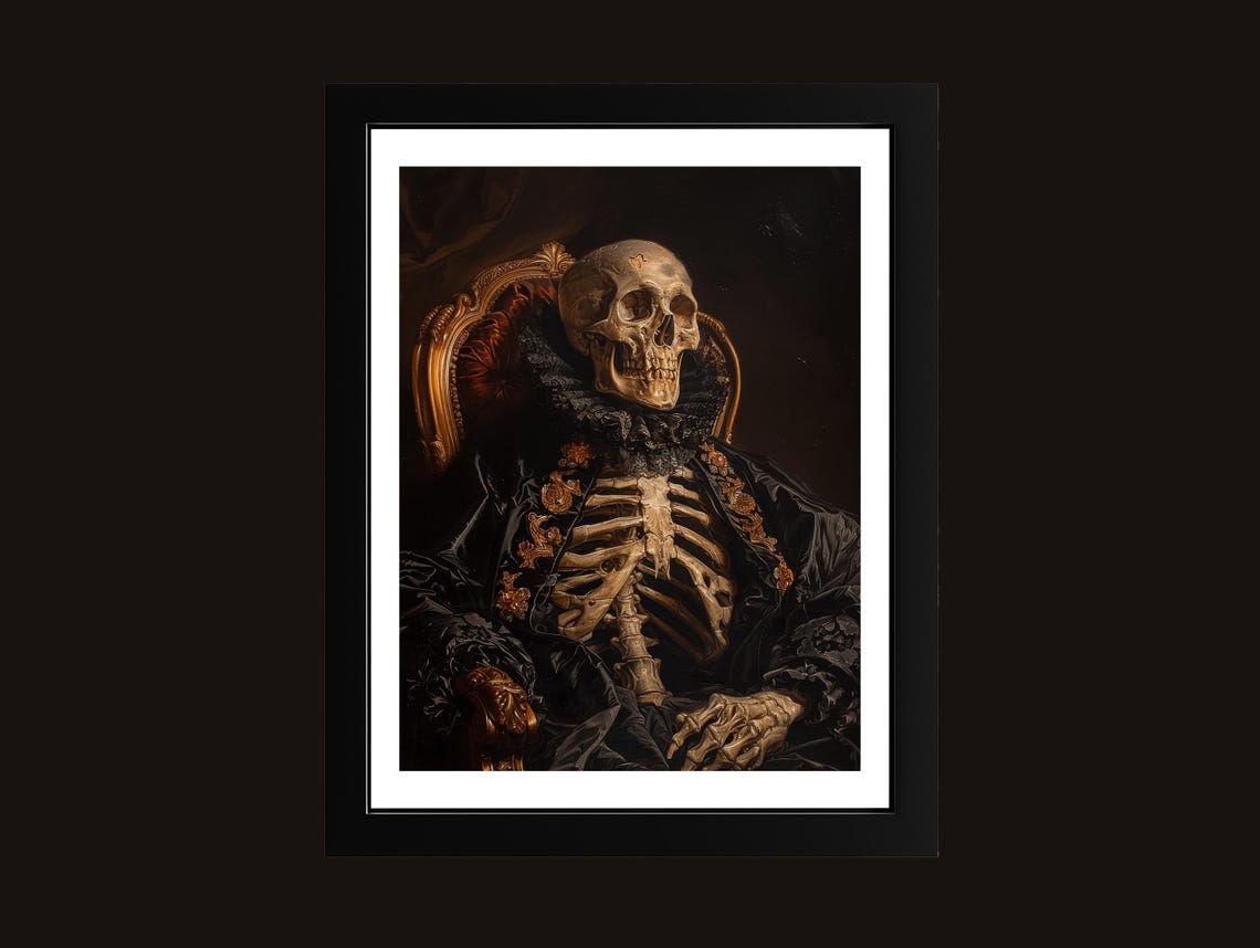 Skeleton Portrait in Gilded Chair Baroque Gothic Memento Mori Poster