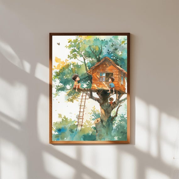 Whimsical Treehouse Watercolor Print Childrens Nursery Art