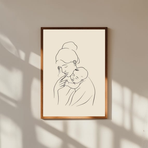 Minimalist Mother And Baby Line Art Print Fineline Cradle Drawing Modern Nursery Wall Maternity Gift Elegant Family Decor