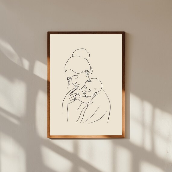 Minimalist Mother Kissing Baby Single Line Art Cream Nursery Art Poster
