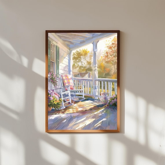 Sunlit Farmhouse Porch Rocking Chairs Watercolor Cozy Country Print