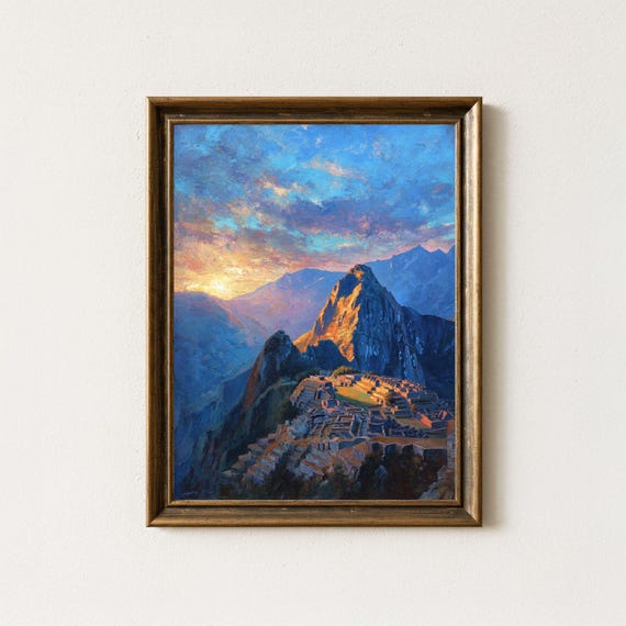 Machu Picchu Sunrise Oil Painting Golden Andes Mountain Art Print Framed