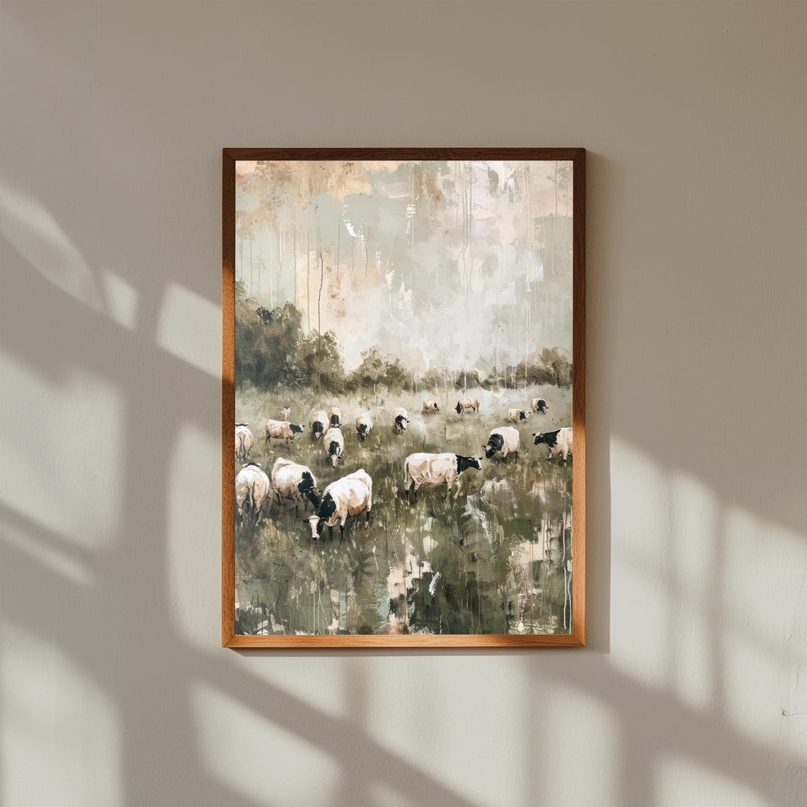 Herd of Cows Grazing in Misty Green Pasture Countryside Art Poster