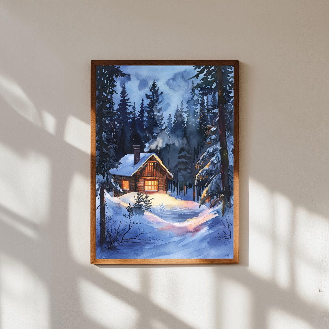 Lapland Winter Night Cabin Glowing Snowy Pines Watercolor Print