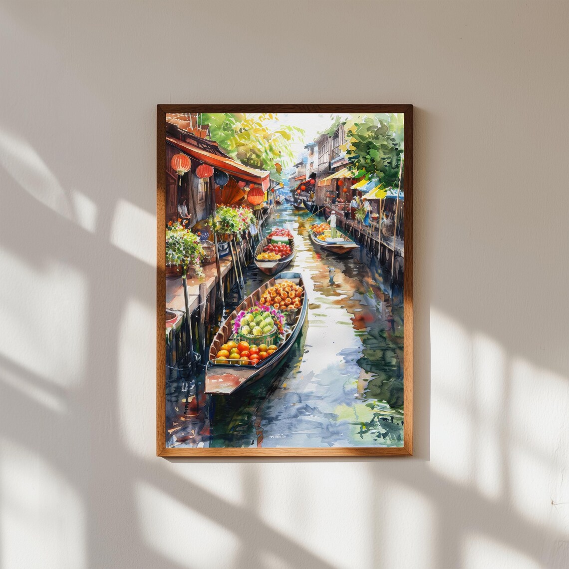 Thailand Floating Market Boats Watercolor Asian Canal Scene Poster