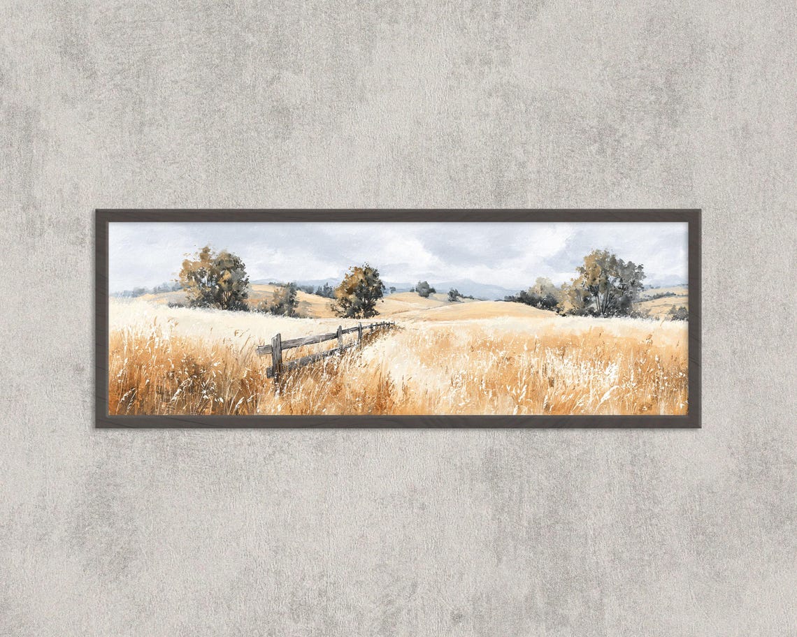 Golden Wheat Field Panoramic Farm Fence Rustic Countryside Art Print