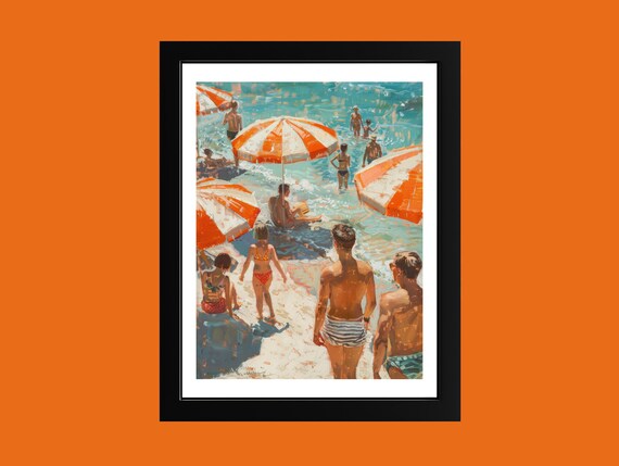 Retro 1950s Beach Day Striped Umbrellas Vintage Summer Scene Poster