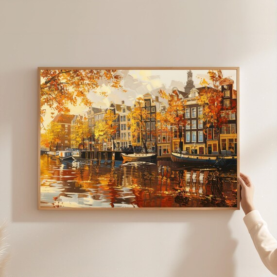 Amsterdam Canal Autumn Golden Trees Gabled Houses Oil Painting Poster