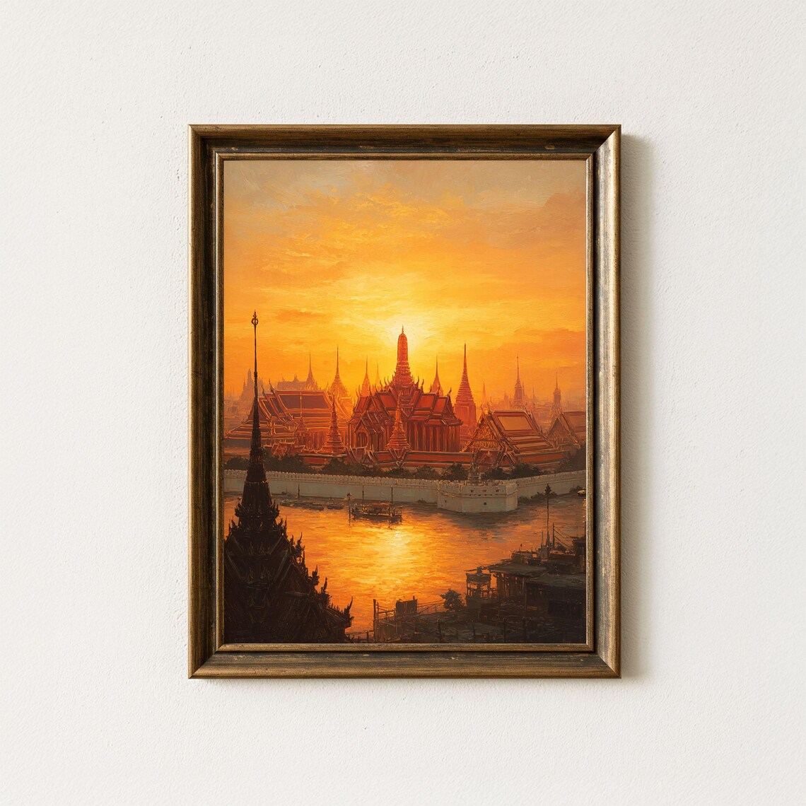 Bangkok Grand Palace Sunrise Golden Temple River Painting Poster