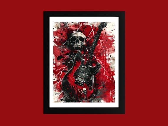 Edgy Skull Guitar Canvas Wall Art Rock Music Poster Gothic Decor Electric Print Heavy Metal