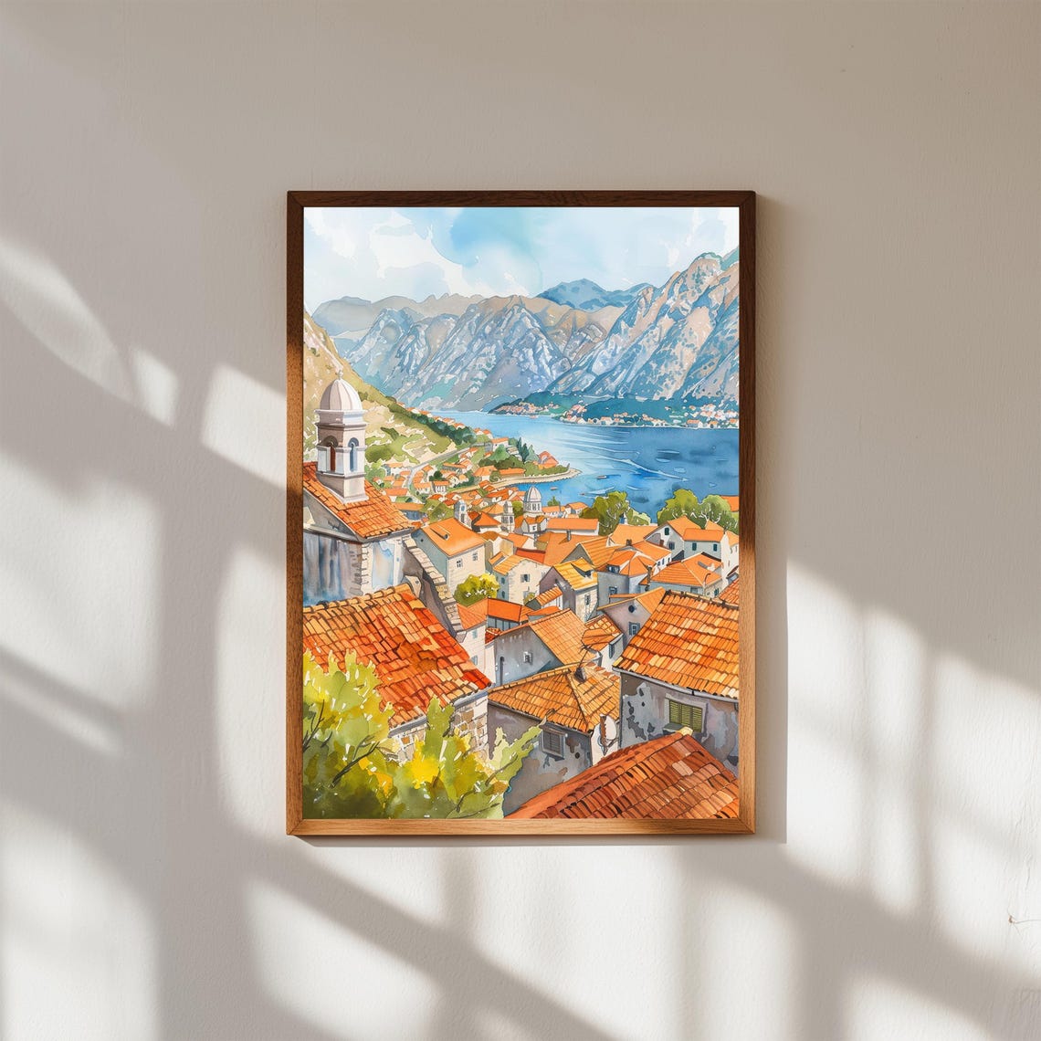 Kotor Bay Old Town Red Roofs Watercolor Mediterranean Coast Poster