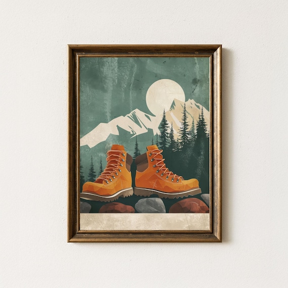 Vintage Orange Hiking Boots Under Mountain Moon Retro Outdoor Poster
