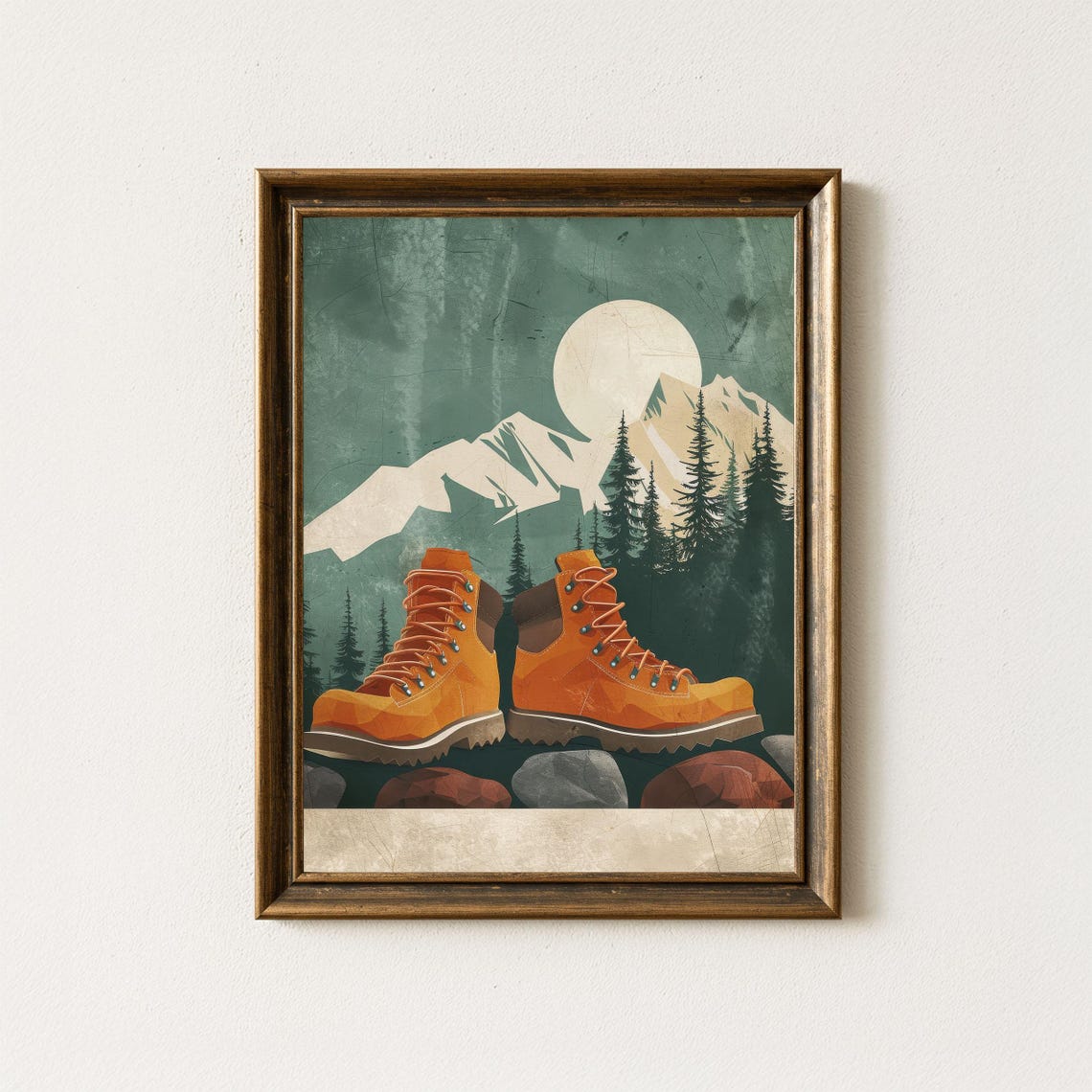 Retro Hiking Boots Print Vintage Mountain Silhouette Cabin Decor