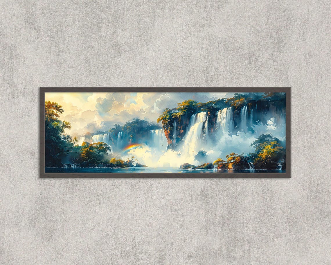 Iguazu Falls Rainbow Mist Cliffs Morning Watercolor Panorama Poster