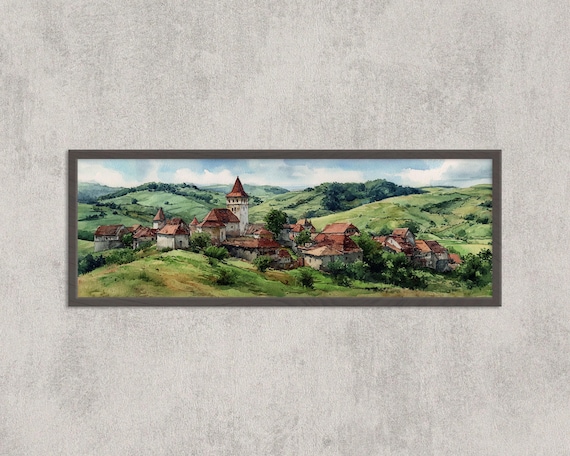 Viscri Romania Watercolor Travel Poster, Transylvania